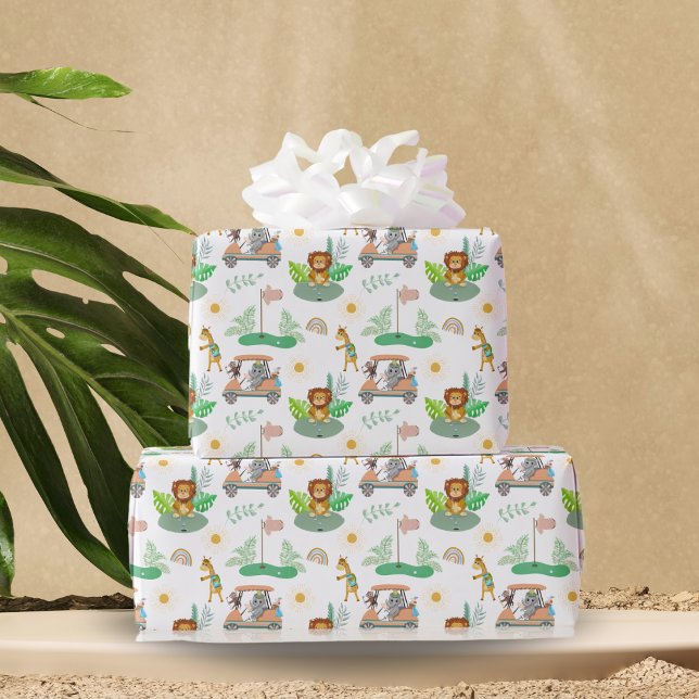 Boho Baby Elefant, Apa, Lejon Golf Baby Mönster Presentpapper (Boho-themed baby shower wrapping paper: Swing into wild and playful vibes!)