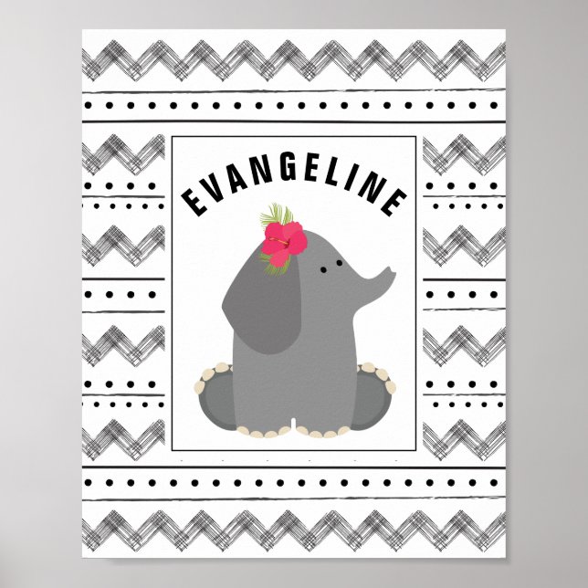 Boho Baby Elephant Blommigt Black + White Nursery Poster (Framsidan)