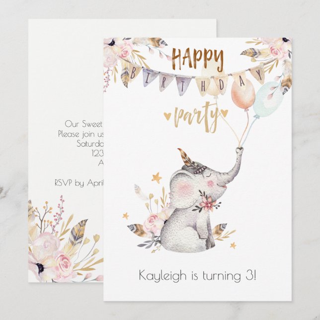 Boho Baby Elephant Little Flicks Födelsedagsfest Inbjudningar (Fram/baksida)