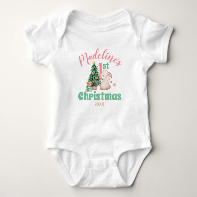 Boho Baby Första jul med Namn Rabbit Träd T Shirt (Framsida)
