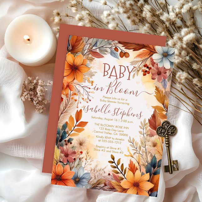 Boho Baby i blomning Höstblommig ram Baby Shower Inbjudningar (Boho Baby in Bloom Fall Floral Frame Baby Shower Invitation - Dusky Rose - Print | Digital Download)