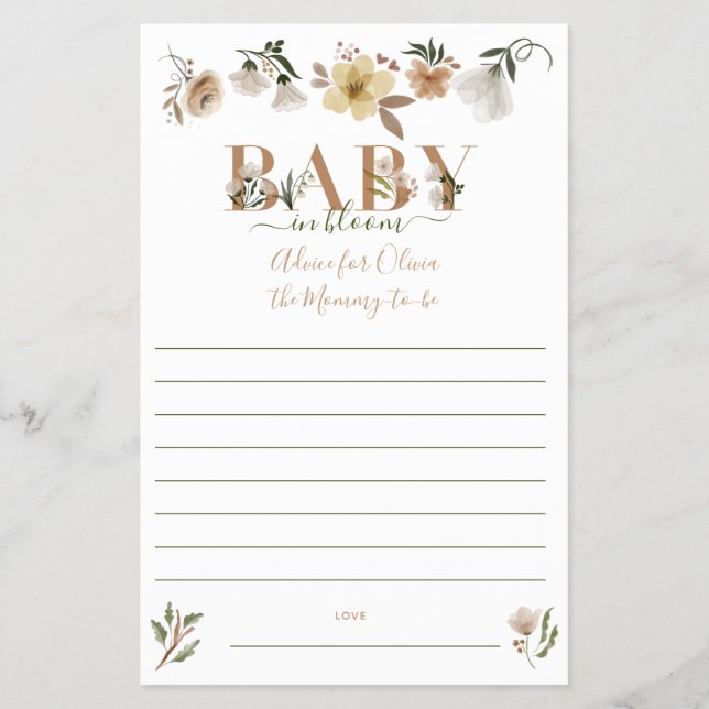 Boho Baby i Bloom Baby Shower Parent Advice Flygblad (Framsidan)