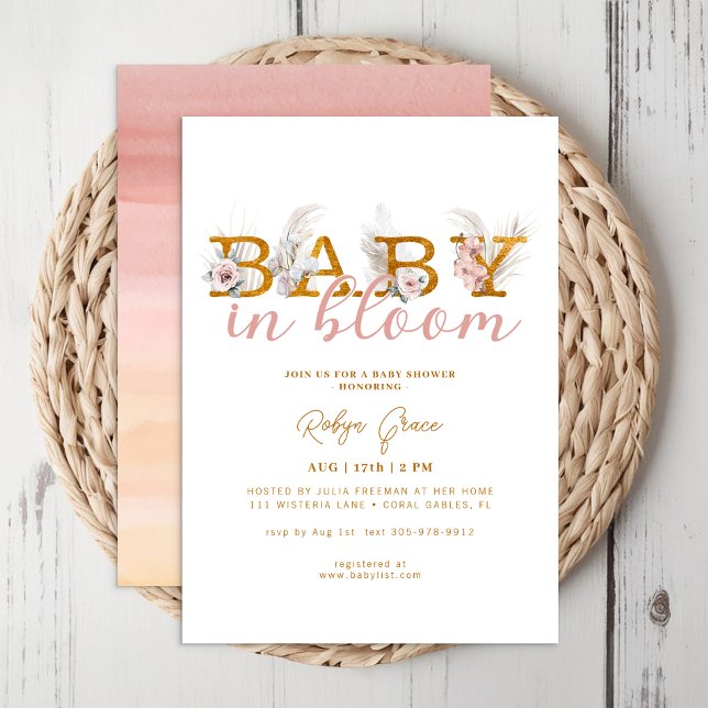 Boho Baby i Bloom Pampas Shower-inbjudan Inbjudningar (Gold Boho Baby In Bloom)