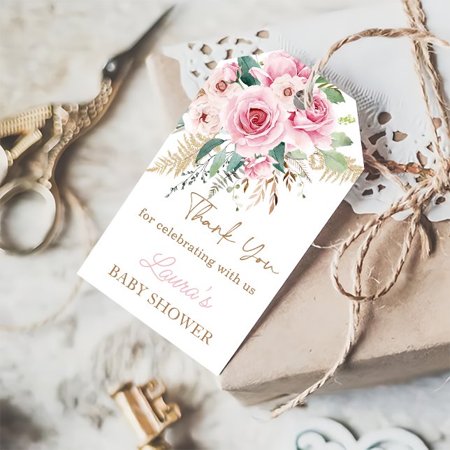 Boho Baby i Bloom  Rosa Blommigt Baby Shower Presentetikett (Skapare uppladdad)