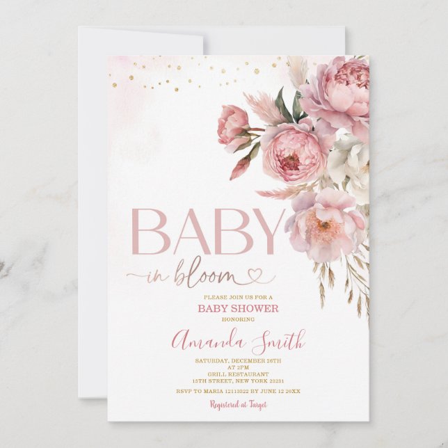 Boho Baby i Bloom Rosa ros Flowers Baby Shower Inbjudningar (Framsida)