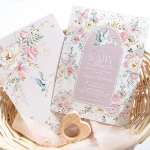 Boho Baby i Bloom Stork Wildblomschare Inbjudningar