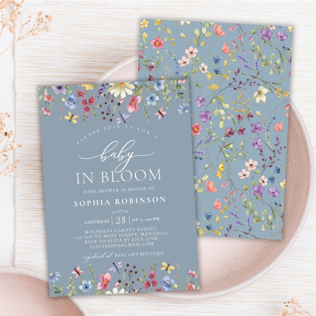 Boho Baby i Bloom WildblomBlue Baby Shower Inbjudningar (Skapare uppladdad)