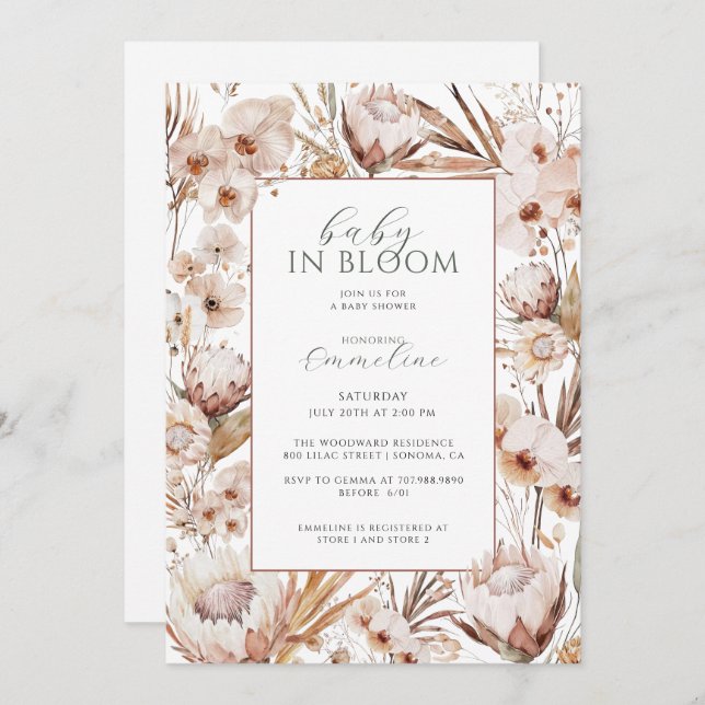 Boho Baby i Bloom Wildblomme Baby Shower Inbjudningar (Fram/baksida)