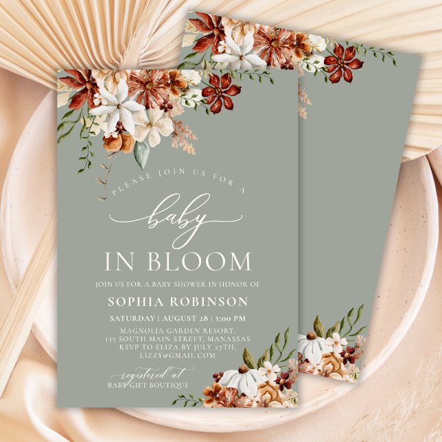 Boho Baby i Bloom Wildblommes Grönt Baby Shower Inbjudningar (Skapare uppladdad)