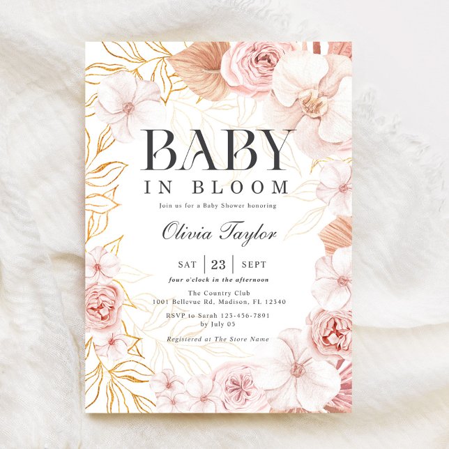 Boho Baby in Bloom Baby Shower  Rosa Blommigt Inbjudningar (Skapare uppladdad)