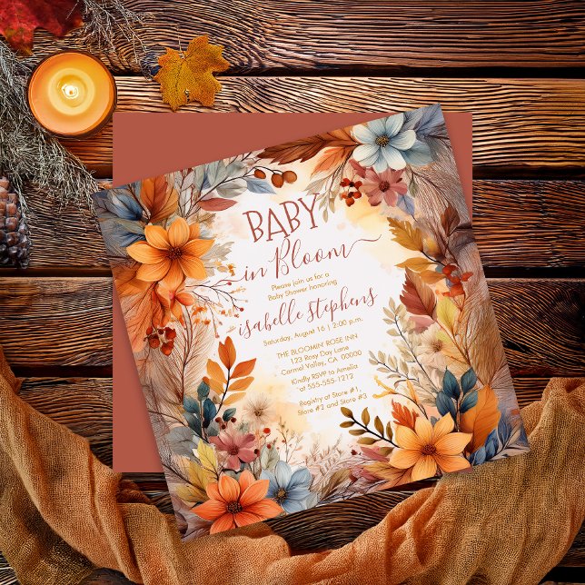 Boho Baby in Bloom Fall Floral Frame Baby Shower Inbjudningar (Boho Baby in Bloom Fall | Autumn Floral Frame Baby Shower Square Invitation - Print | Digital )