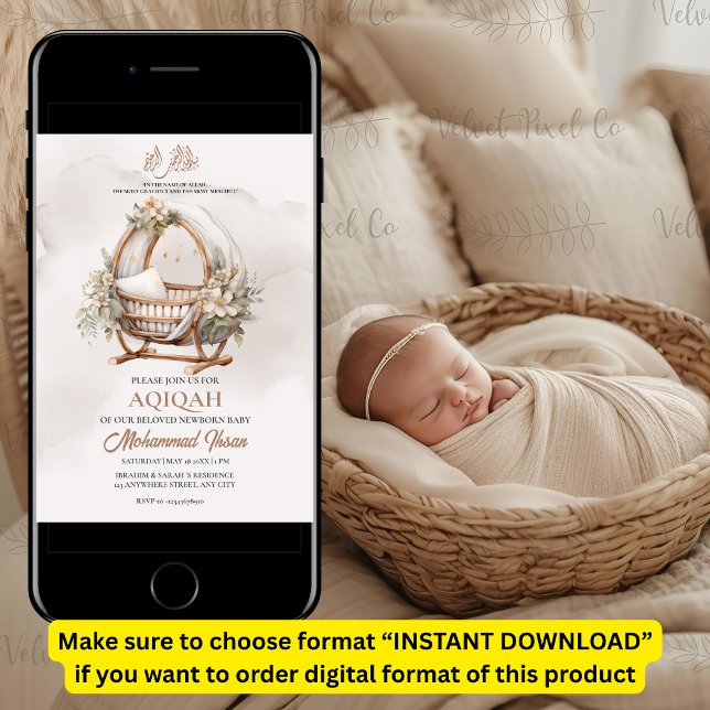 Boho Baby Nursery Aqiqah Unisex Muslim Newborn Inbjudningar (Skapare uppladdad)