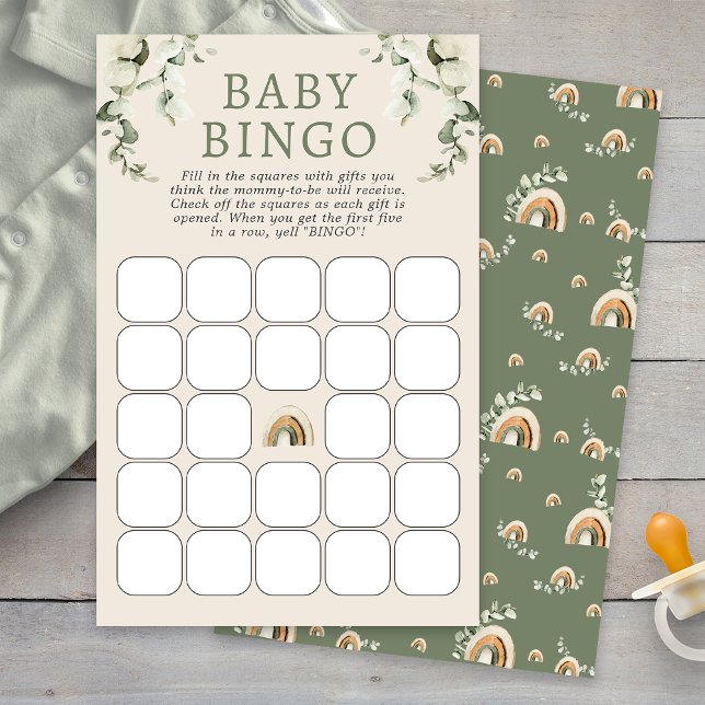 Boho Baby Shower Bingo Spel (Boho Sage Green Eucalyptus Rainbow Baby Shower Bingo Game by Painted Paperie
)