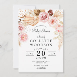 Boho Baby Shower Blommigt Rosa Cream Inbjudningar