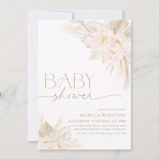 Boho Baby Shower-Blommigten Ljus rosa inbjudan (Framsida)