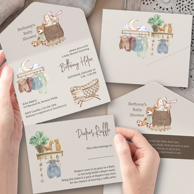 Boho Baby Shower Bok och blöjor (Trifold Baby Shower Invitation. All-in-One design with book request + tear-off Diaper Raffle Ticket)