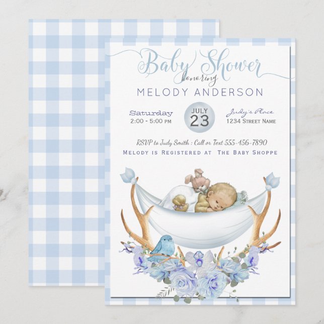 BOHO Baby Shower Boys Hammock Baby Inbjudningar (Fram/baksida)