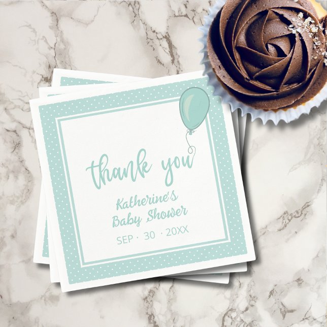 BOHO Baby Shower Gender Neutral Mint Grönt Pappersservett (Baby Shower gender-neutral mint green thank you cocktail napkin, with balloon, polka dot, name, date)
