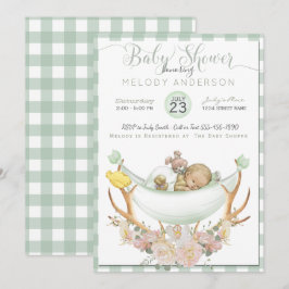 BOHO Baby Shower Grönt Hammock Antler med Ro Inbjudningar