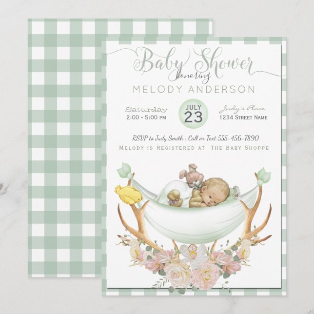 BOHO Baby Shower Grönt Hammock Antler med Ro Inbjudningar (Fram/baksida)