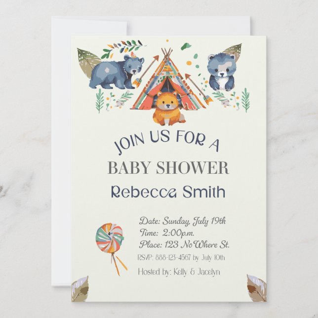 Boho Baby Shower-inbjudan för trädjanska djur Inbjudningar (Framsida)
