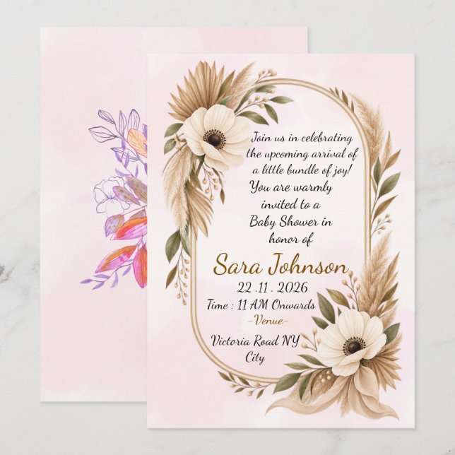 Boho Baby Shower Inbjudan Mall  (Fram/baksida)