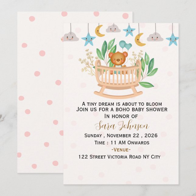 Boho Baby Shower Inbjudan Mall (Fram/baksida)