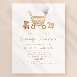 Boho Baby Shower-inbjudan med Bear & Barnvagn Inbjudningar