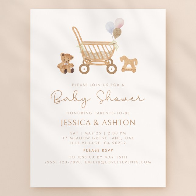 Boho Baby Shower-inbjudan med Bear & Barnvagn Inbjudningar (Skapare uppladdad)