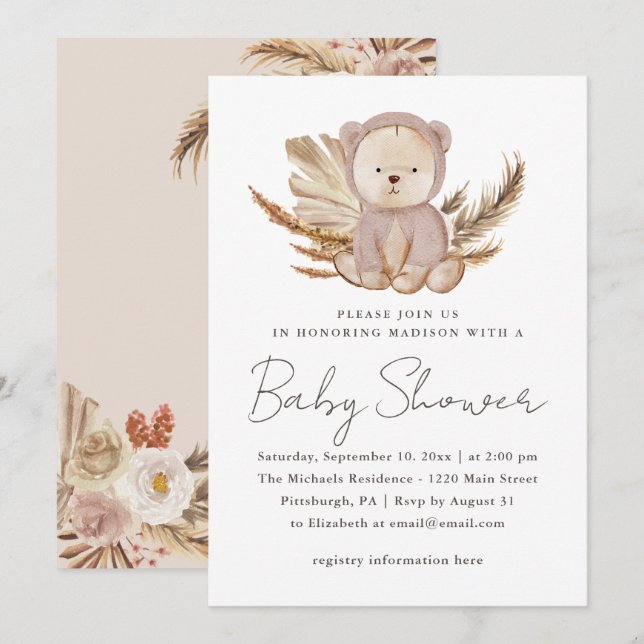Boho Baby Shower-inbjudan med sött björn Meddelande (Fram/baksida)
