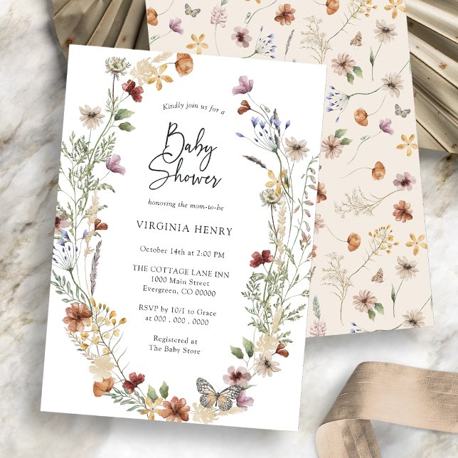 Boho Baby Shower-inbjudan med vilda blommor Inbjudningar (Boho Wildflower Baby Shower Invitation White Front and Tan Back
)