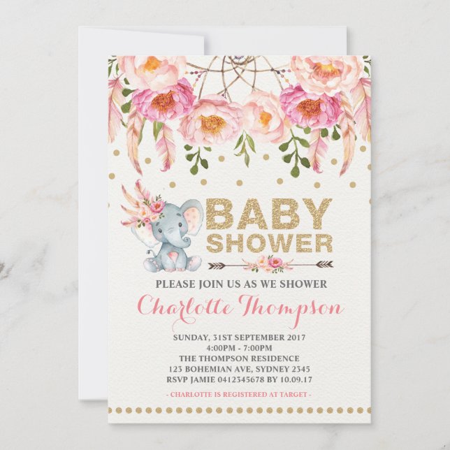 Boho Baby Shower-inbjudan till Rosa Guld Elephant Inbjudningar (Framsida)