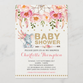 Boho Baby Shower-inbjudan till Rosa Guld Elephant Inbjudningar