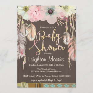 Boho Baby Shower-inbjudan, Tribal Feather Rustic Inbjudningar