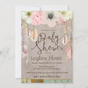 Boho Baby Shower-inbjudan, Tribal Feather Rustic Inbjudningar