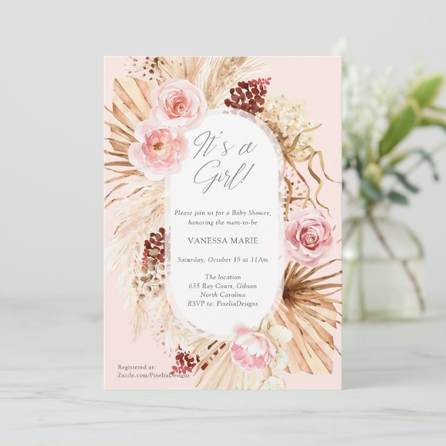 Boho Baby Shower its a Girl rosa blommigt pampas Inbjudningar (Stående Fram)
