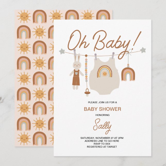 Boho Baby Shower Könsneutral  Inbjudningar (Fram/baksida)