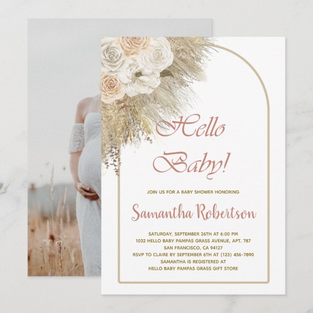 Boho Baby Shower Pampas Grass Botanical Photo Inbjudningar (Fram/baksida)