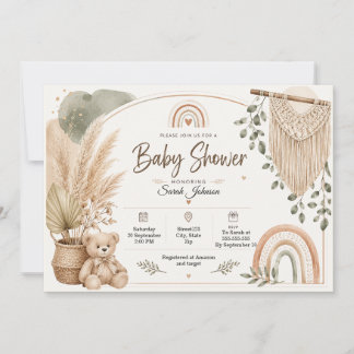 Boho Baby Shower Teddy Bear Rainbow Pampas Anpassa Inbjudningar