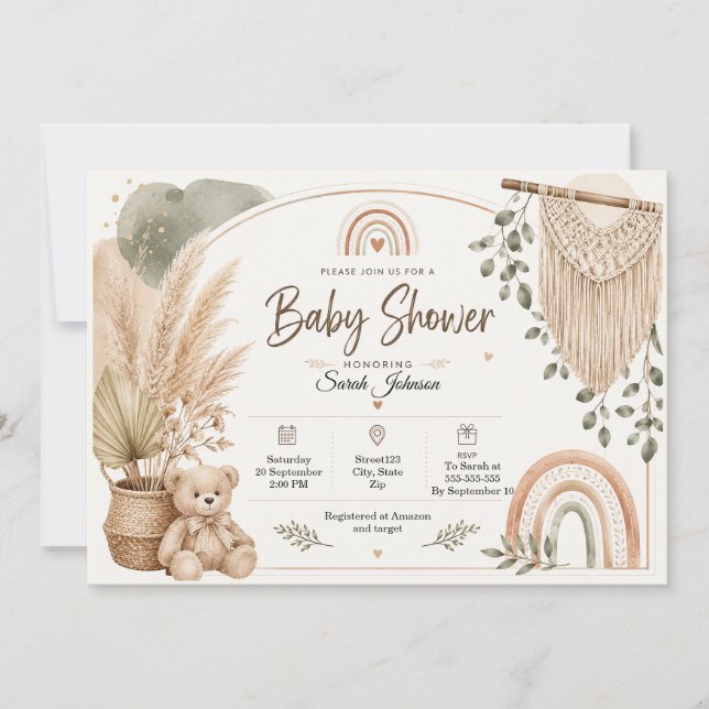 Boho Baby Shower Teddy Bear Rainbow Pampas Anpassa Inbjudningar (Framsida)
