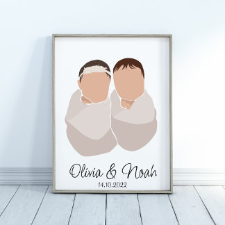 Boho Baby Twillingars Girl&Boy Namn Nursery Poster