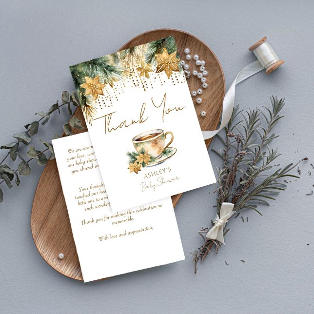 Boho-babyduschen-te party tack kort (Boho winter baby shower tea party thank you card watercolor pines gold poinsettia tea cup thank you )