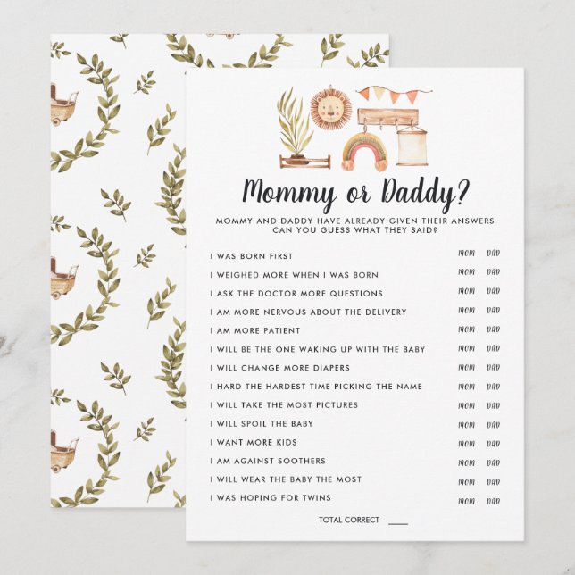 Boho Babyfirande | Mamma eller Pappa-spelet Inbjudningar (Fram/baksida)