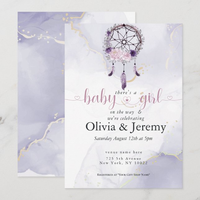 BOHO Babyflicka Amethyst Dammtrosa Drömfångare Inbjudningar (Fram/baksida)