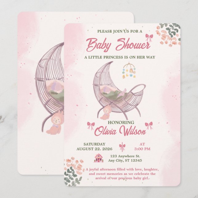 Boho Babyflicka Födelsedagsinbjudan Mall (Fram/baksida)