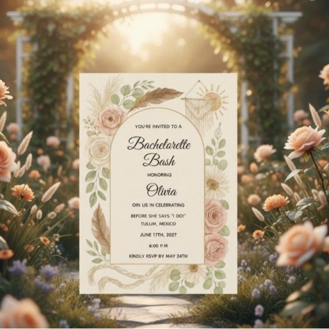 Boho Bachelorette Bash Invitation | Neutral Floral Inbjudningar (Skapare uppladdad)