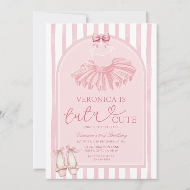 Boho-båge Rosa Bow Tutu Söt Ballerina Födelsedag Inbjudningar (Framsida)