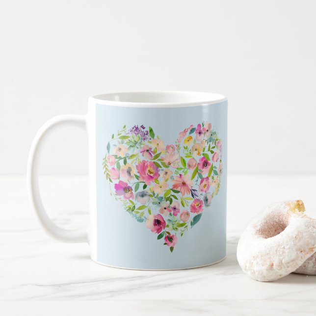 Boho Bailee | Blue Pastel Blommigt Heart Initial Kaffemugg (Med munk)