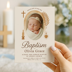 Boho Baptism-inbjudan med foto och symboler Inbjudningar