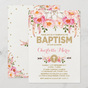 Boho Baptism Inbjudan Rosa Guld Blommigt  Dreamcat
